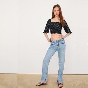 2/$30 ZARA Polka Dot Cropped Blouse Black Square Neck Short Balloon Sleeve #6156